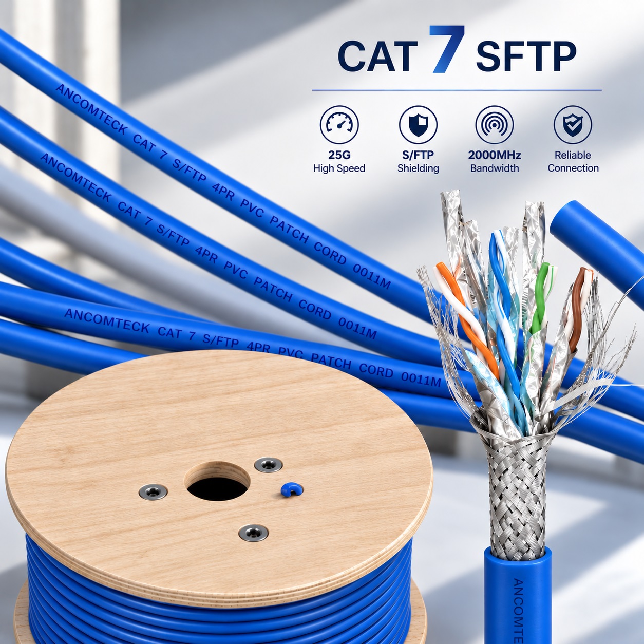 Cáp mạng CAT7 SFTP chống nhiễu 3 lớp, kháng cháy, chống chuột, màu xanh, dài 305m/cuộn